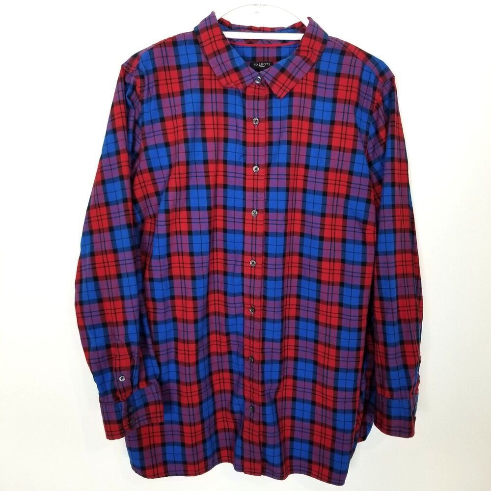 Talbots Women Plus Plaid Button Down Long Sleeve Top Shirt Sz 2X Blue Red Casual